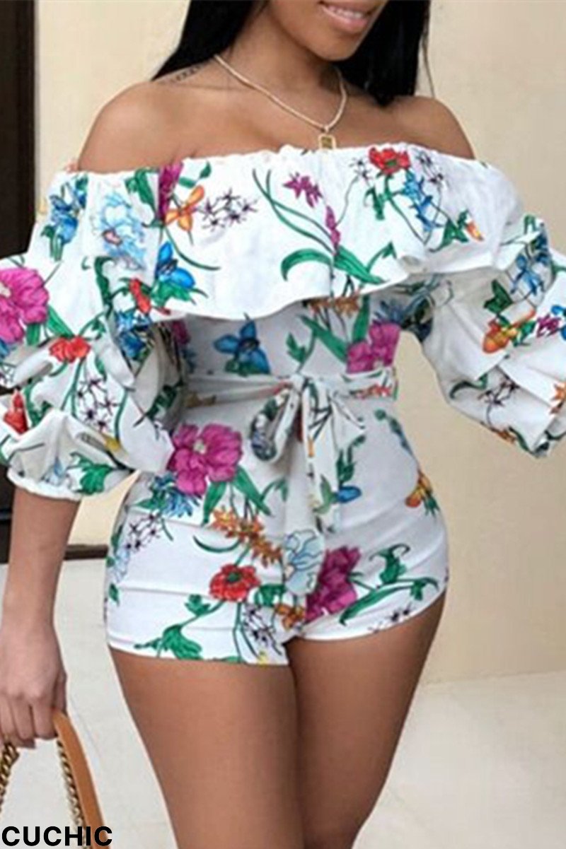 White Sexy Casual Print Backless Off the Shoulder Regular Romper-CuChic