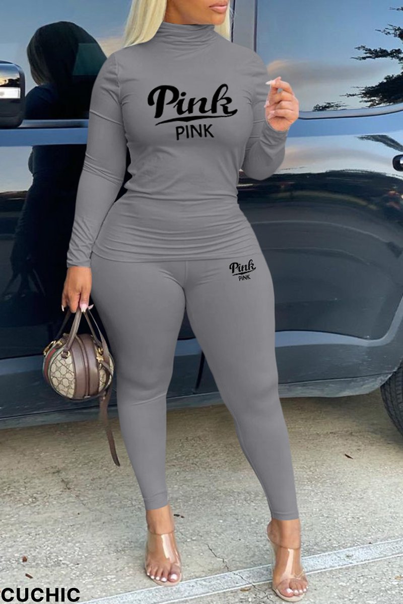 Grey Fashion Print Patchwork Half A Turtleneck Plus Size Two Pieces-CuChic