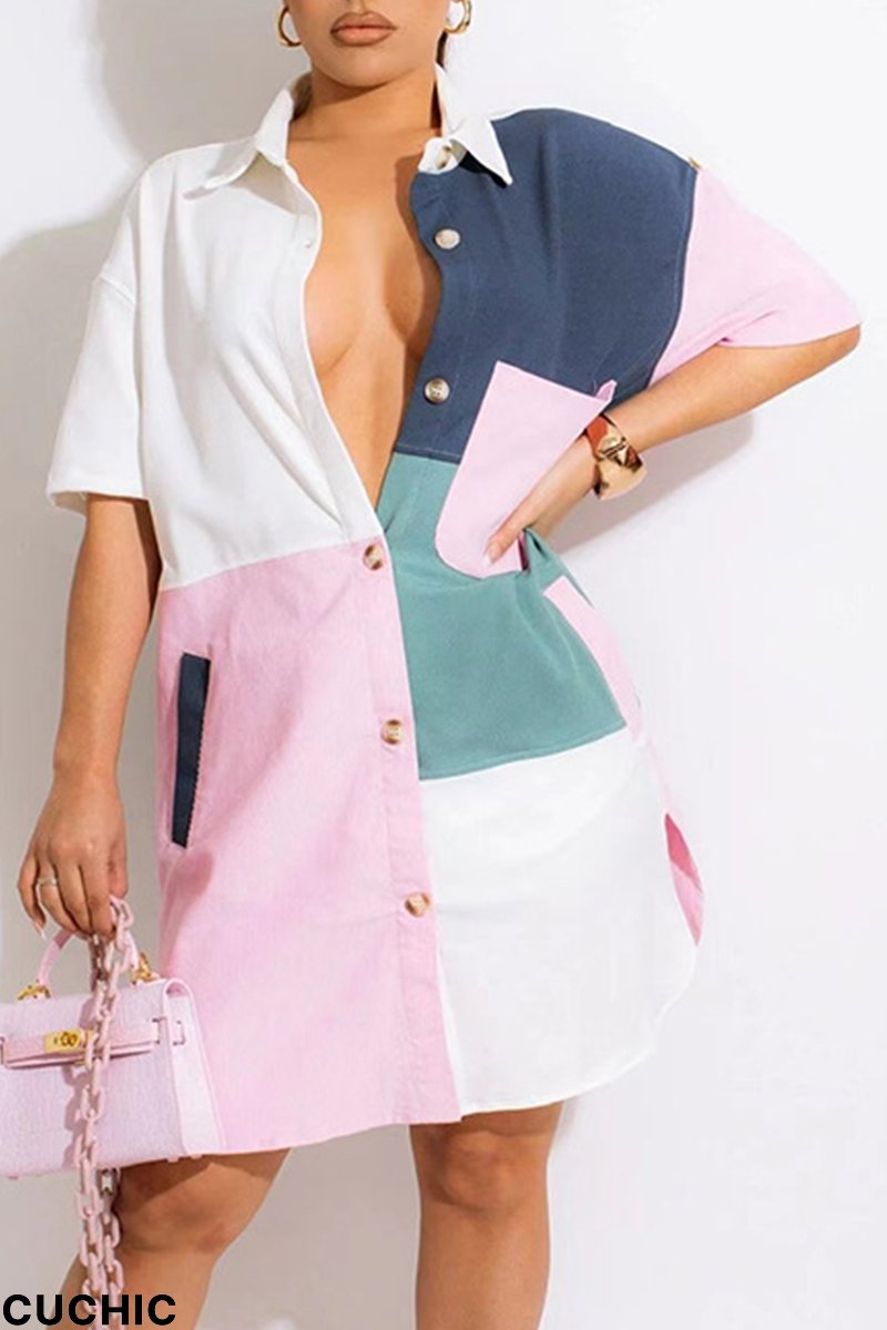 Pink Casual Plaid Patchwork Turndown Collar Shirt Dress Dresses-CuChic