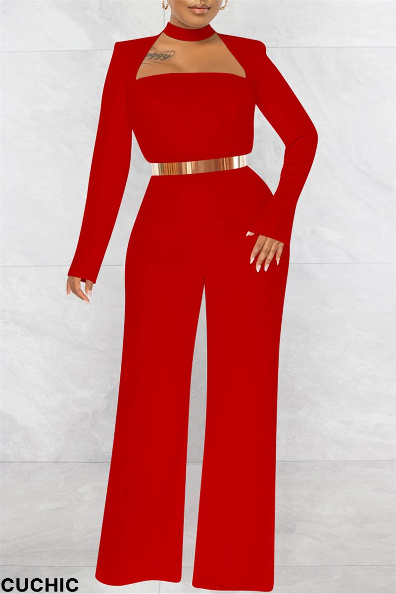 Red Fashion Casual Solid Hollowed Out O Neck Regular Jumpsuits (Without Belt)-CuChic