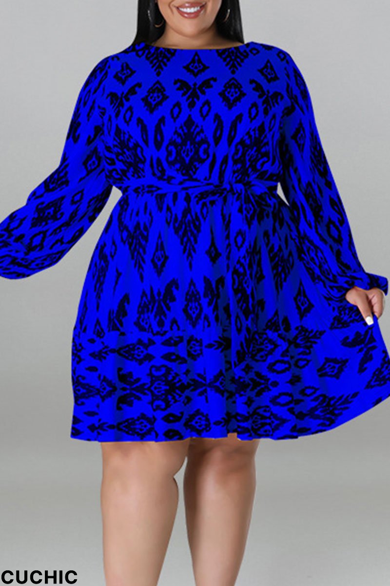 Blue Casual Print Bandage Patchwork O Neck Straight Plus Size Dresses-CuChic