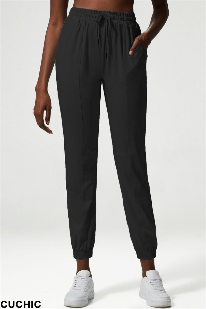 Black Casual Sportswear Solid Patchwork Regular High Waist Trousers-CuChic