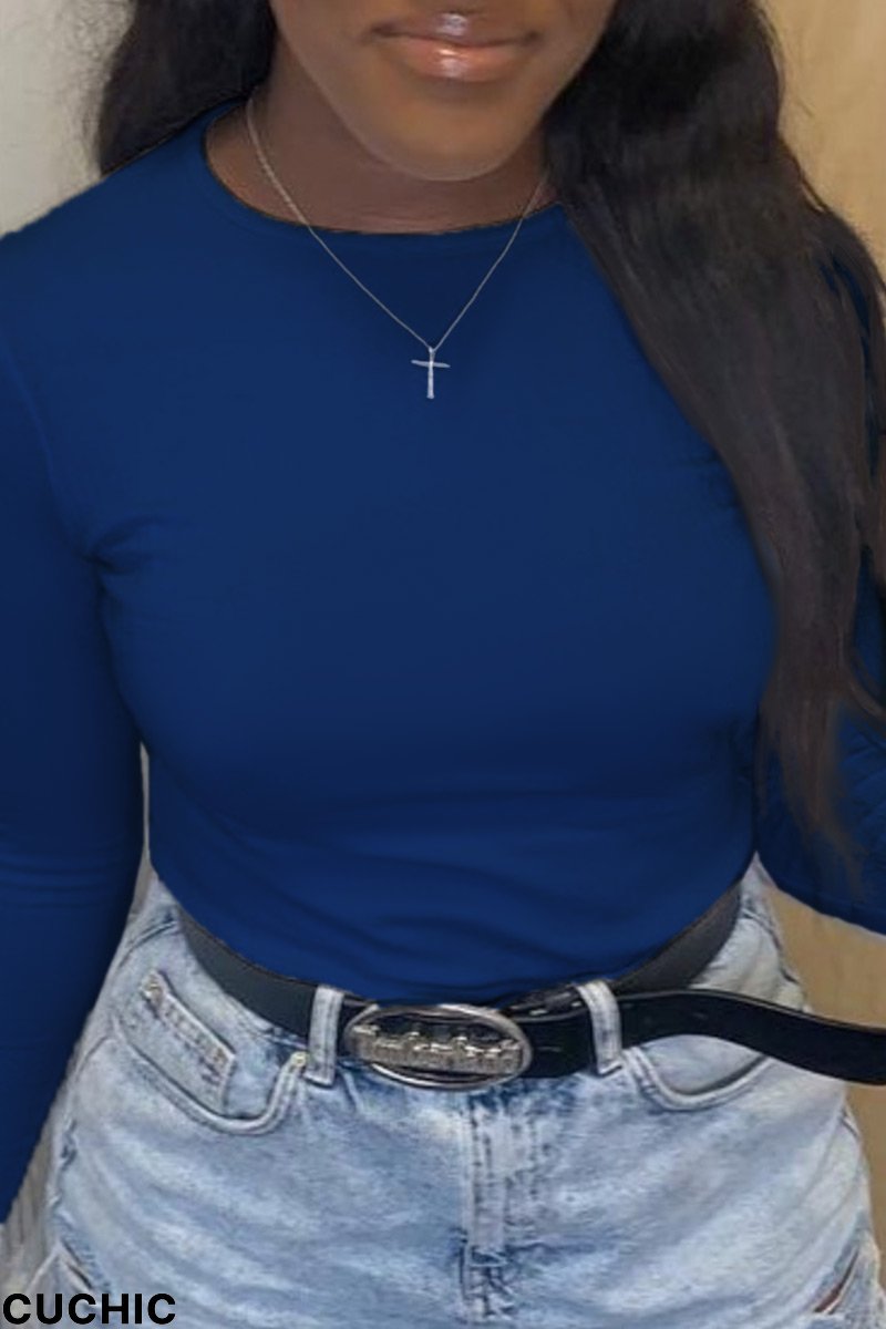 Navy Blue Fashion Casual Solid Split Joint O Neck Tops-CuChic