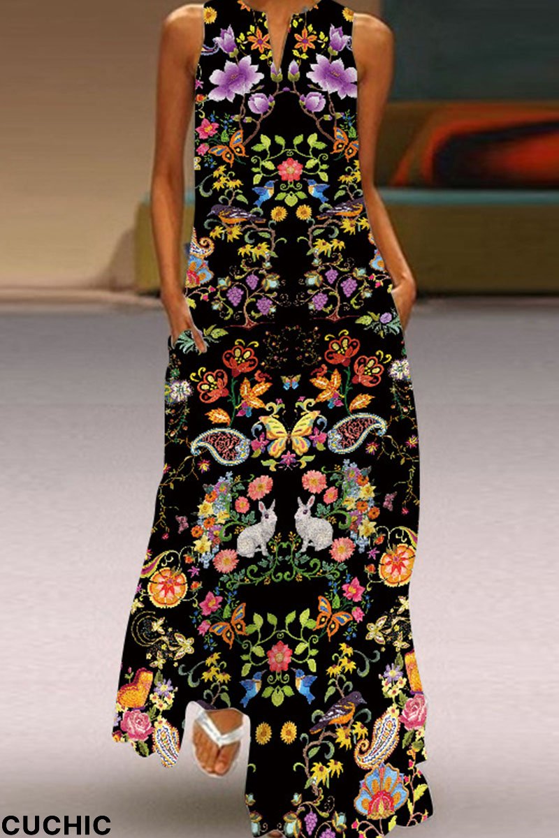 Black Casual Elegant Print Patchwork V Neck Straight Dresses-CuChic
