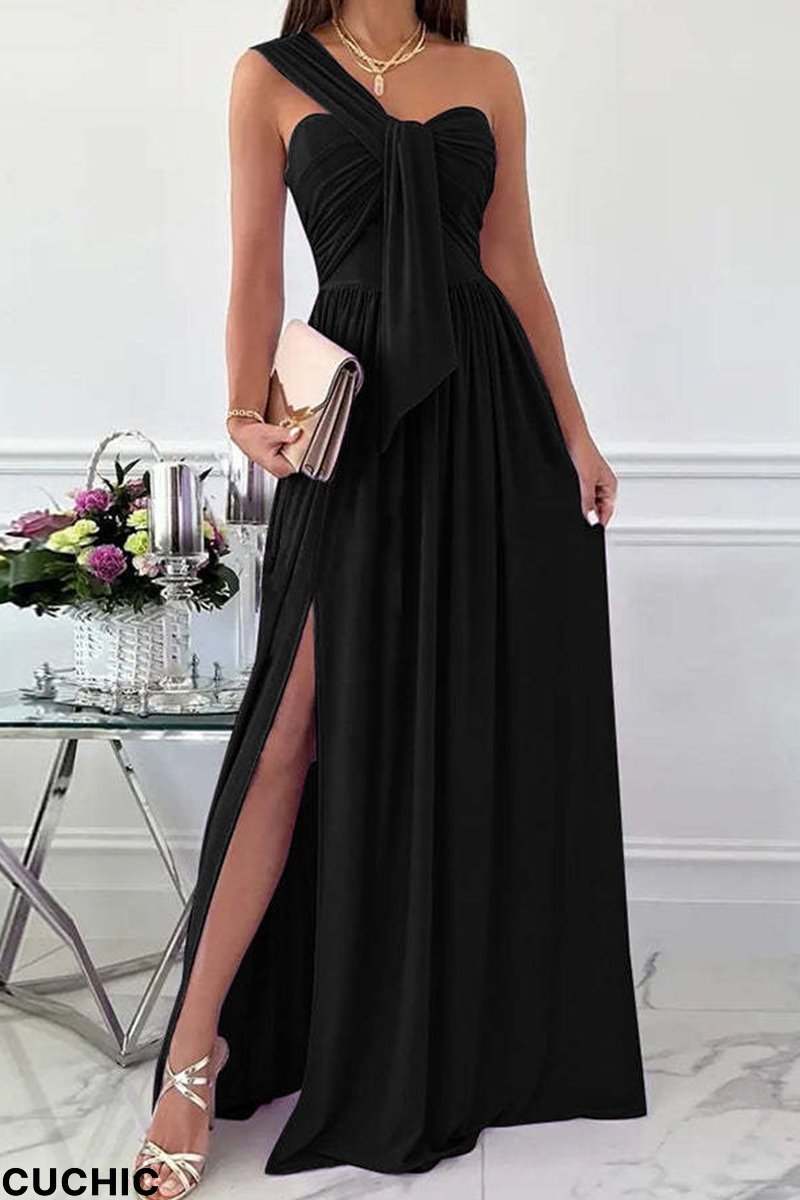 Black Fashion Sexy Solid Patchwork Backless Slit One Shoulder Evening Dress Dresses-CuChic