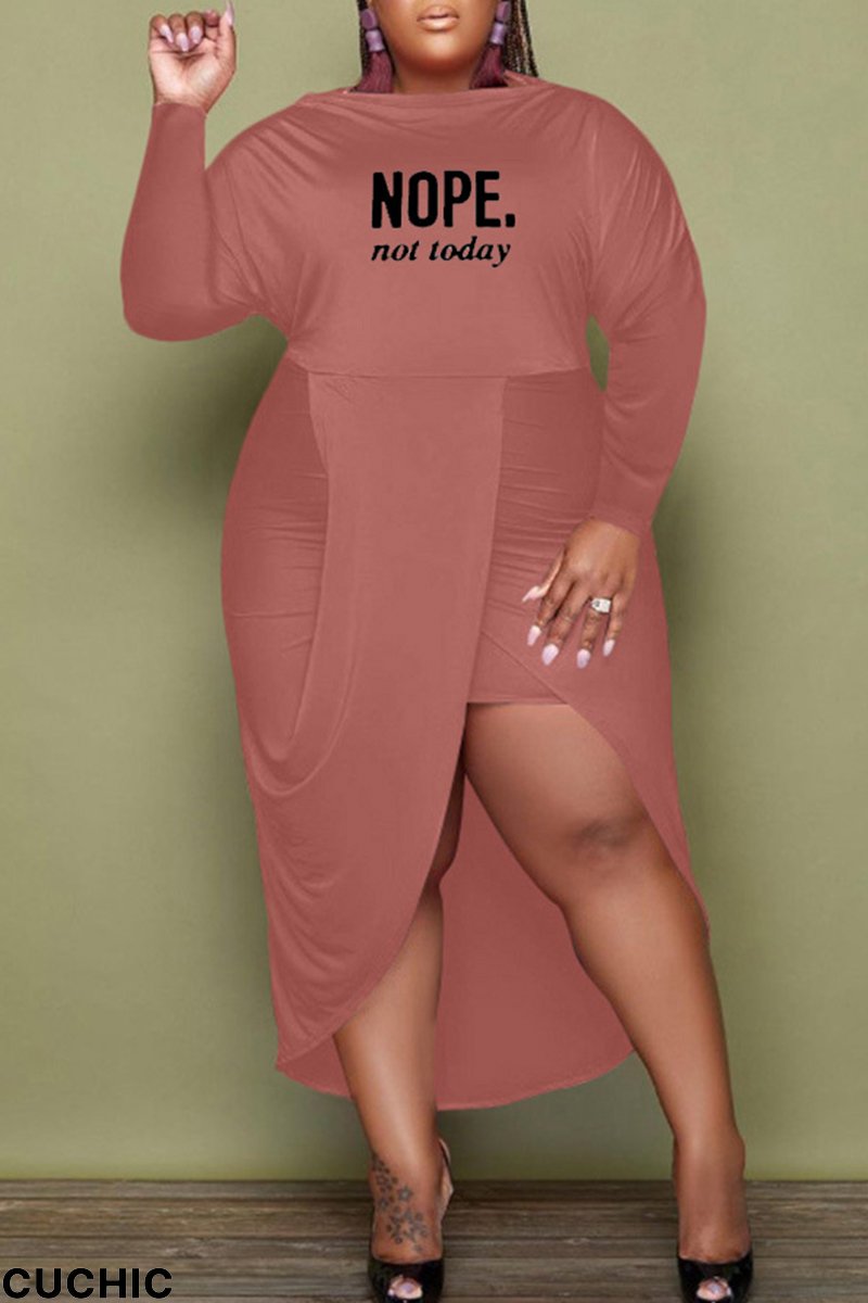 Orange Fashion Casual Letter Print Patchwork O Neck Long Sleeve Plus Size Dresses-CuChic