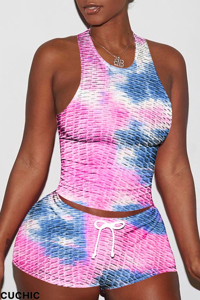 Purplish Blue Casual Print Split Joint O Neck Sleeveless Two Pieces-CuChic