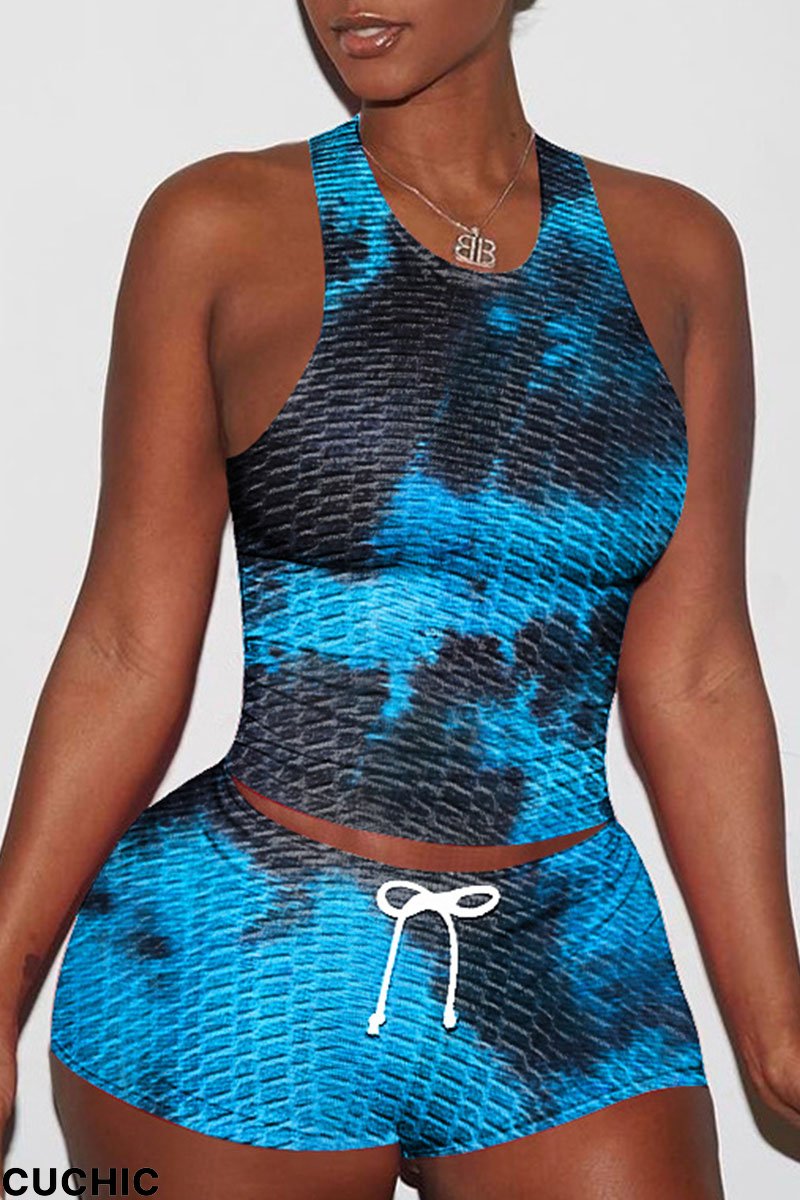 Blue Casual Print Split Joint O Neck Sleeveless Two Pieces-CuChic