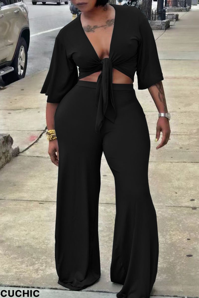 Black Sexy Solid Bandage Split Joint V Neck Half Sleeve Two Pieces-CuChic