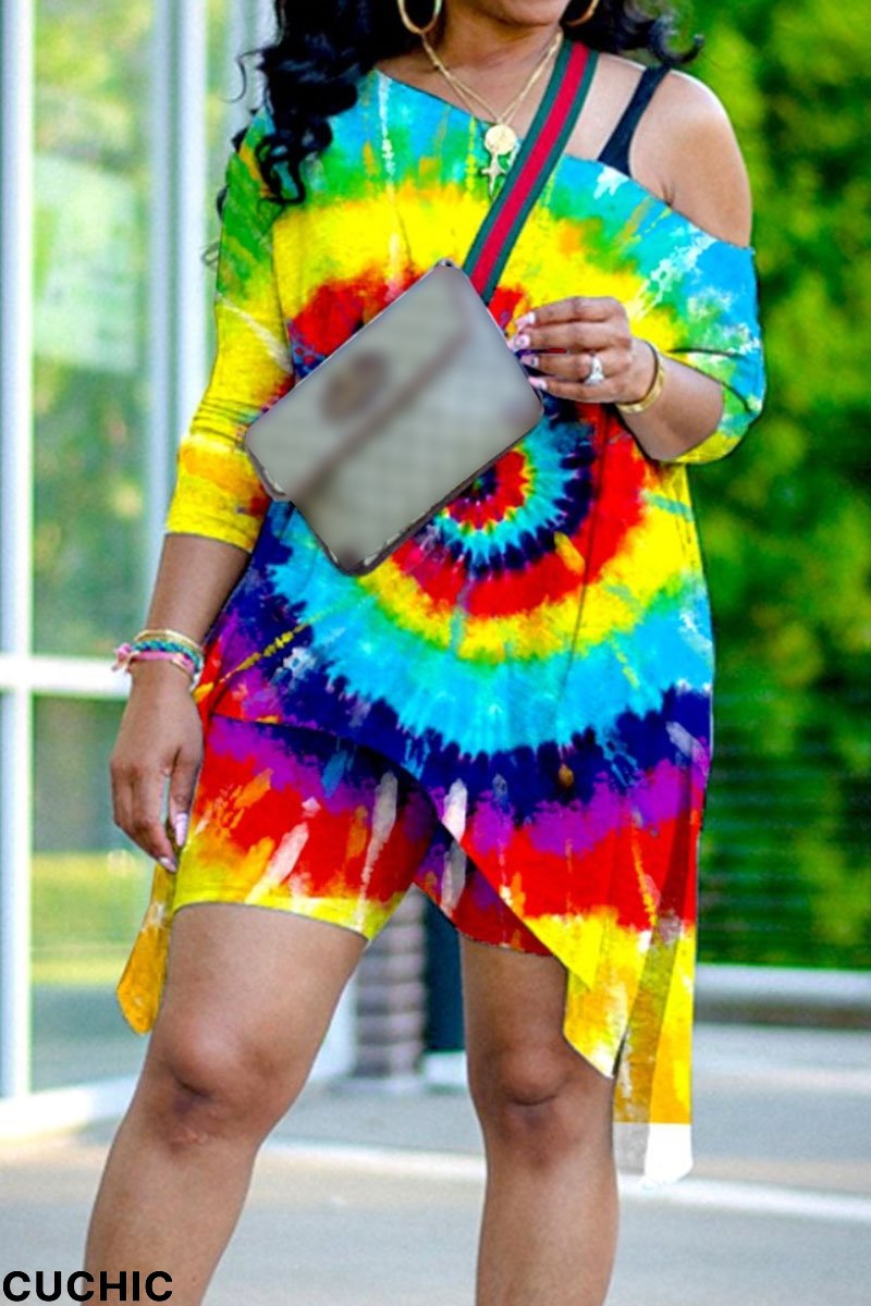 Yellow Fashion Casual Print Tie Dye Asymmetrical Oblique Collar Plus Size Two Pieces-CuChic