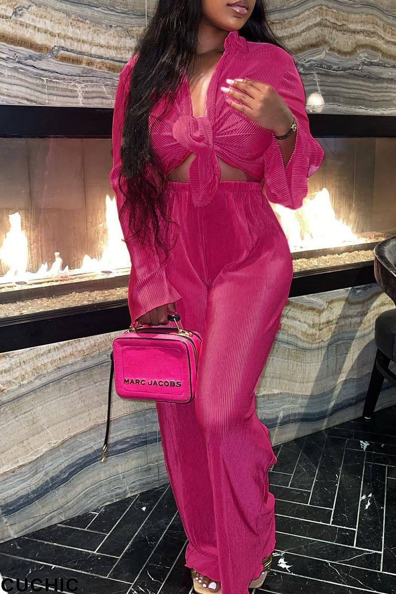 Rose Red Casual Solid Bandage Patchwork Buckle Turndown Collar Long Sleeve Two Pieces-CuChic