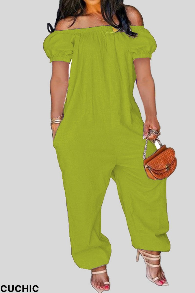 Green Casual Solid Patchwork Off the Shoulder Loose Jumpsuits-CuChic