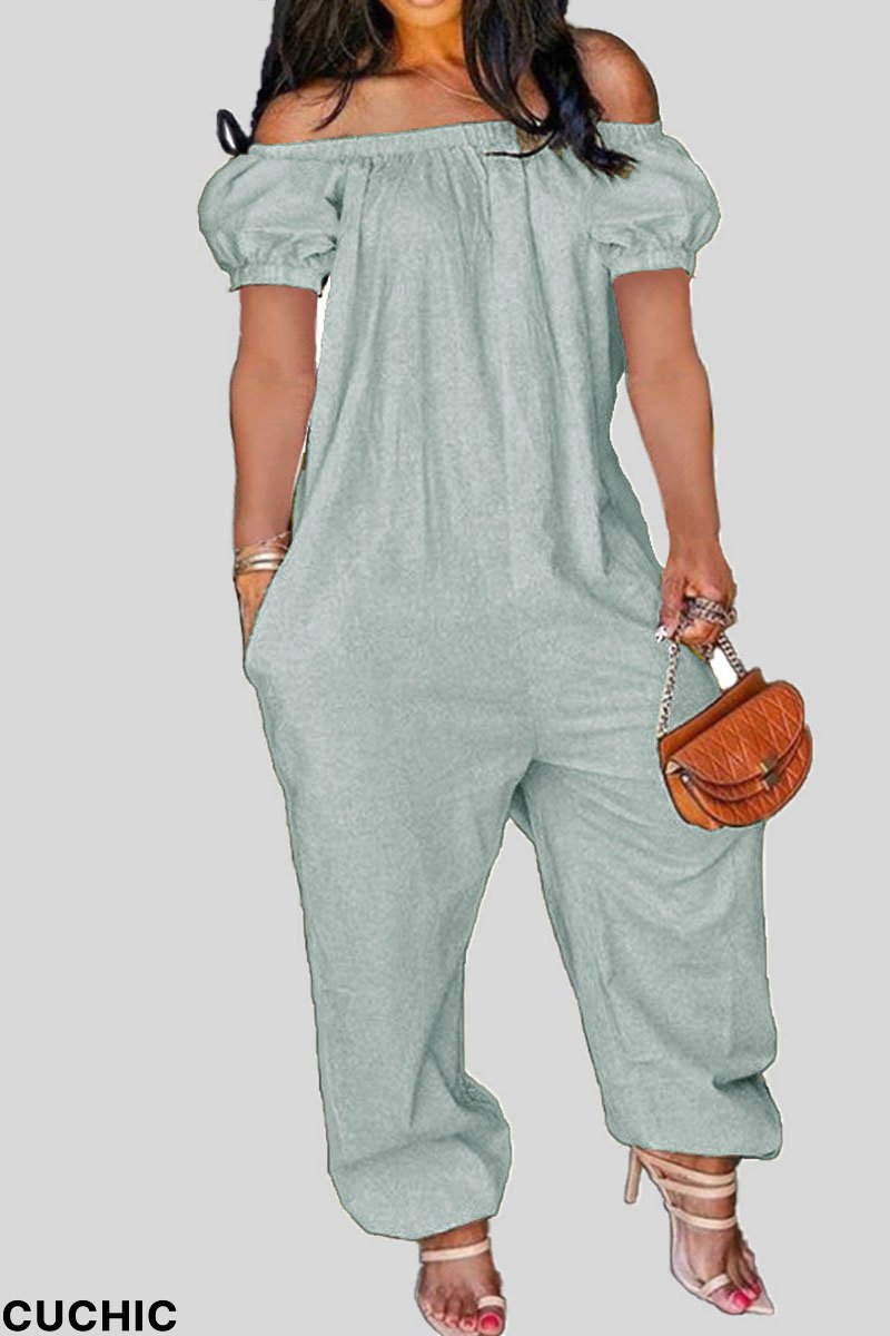 Baby Blue Casual Solid Patchwork Off the Shoulder Loose Jumpsuits-CuChic