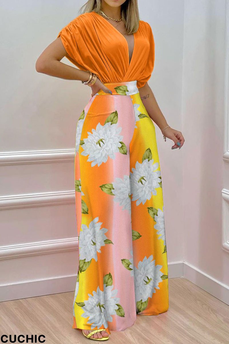 Tangerine Red Casual Print Split Joint V Neck Short Sleeve Two Pieces-CuChic
