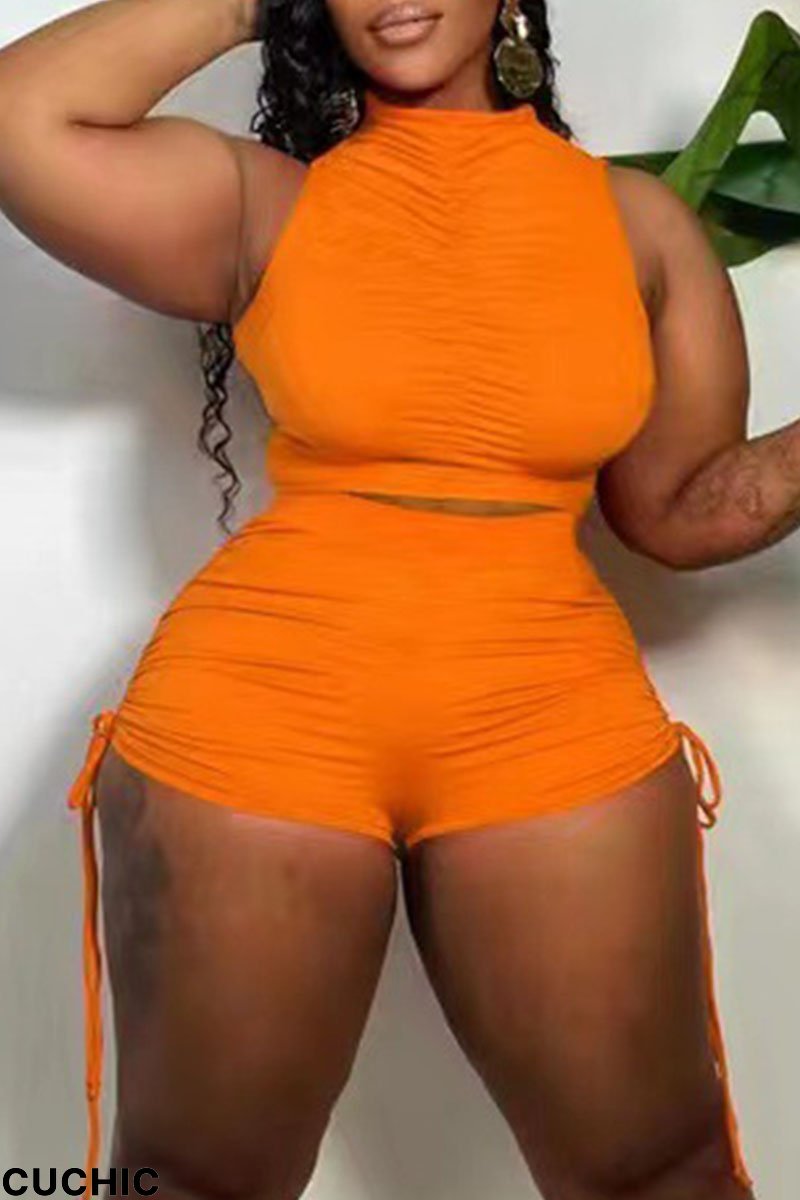Tangerine Red Sexy Solid Bandage Split Joint Fold O Neck Sleeveless Two Pieces-CuChic