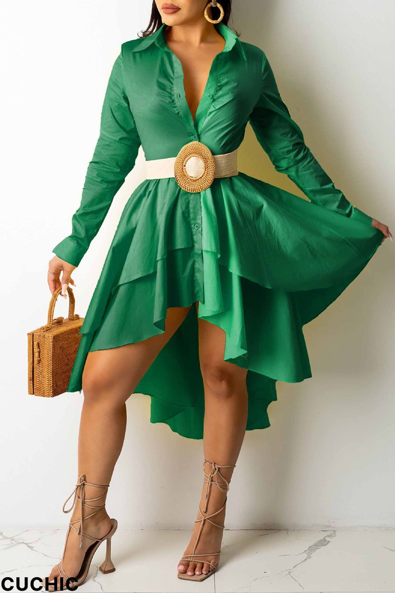 Green Solid Patchwork Buckle Asymmetrical Turndown Collar Irregular Dress Dresses(Without Belt)-CuChic