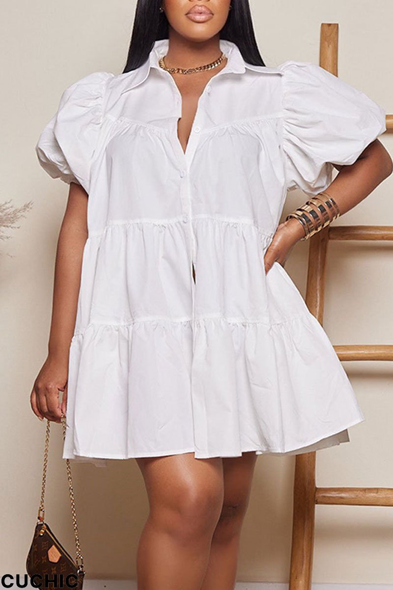 White Casual Sweet Solid Patchwork Buckle Turndown Collar Princess Dresses-CuChic