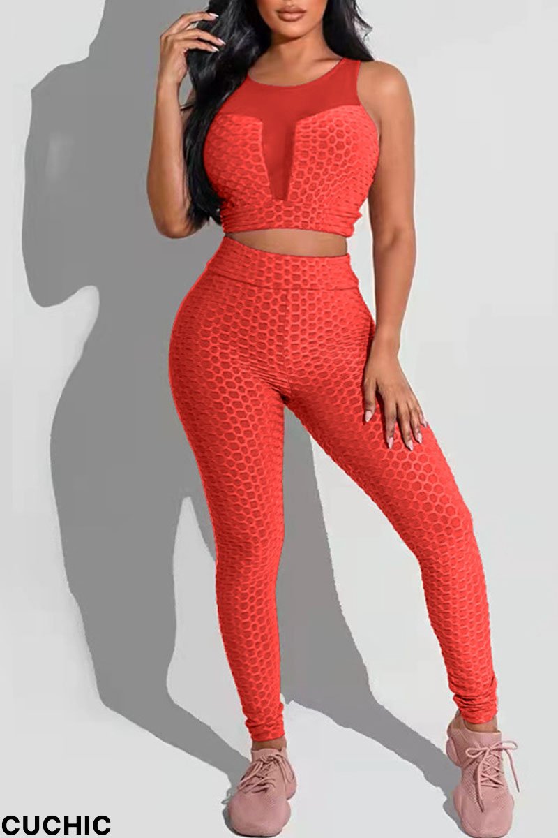 Tangerine Red Casual Sportswear Solid Split Joint O Neck Sleeveless Two Pieces-CuChic