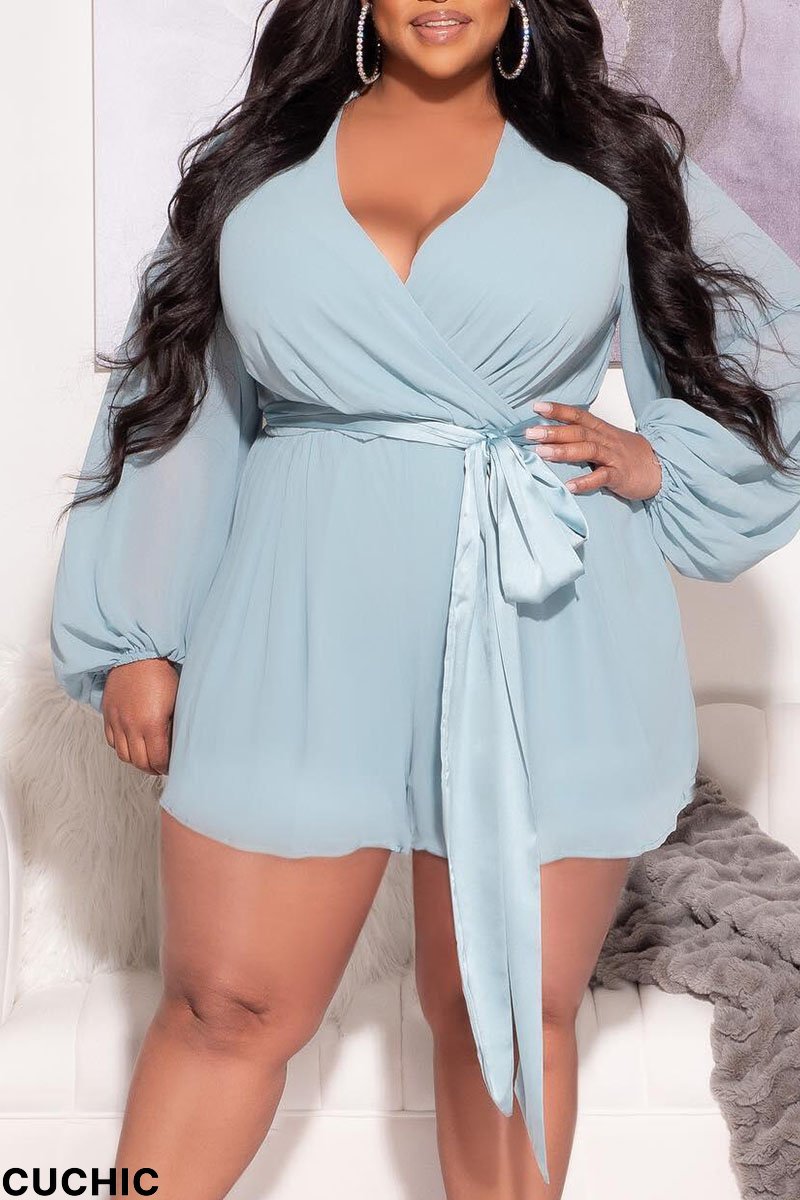 Light Blue Casual Solid Patchwork V Neck Plus Size Jumpsuits(The Belt Is A Different Color)-CuChic