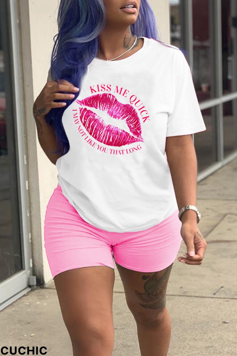 Light Pink Casual Lips Printed Patchwork O Neck Short Sleeve Two Pieces-CuChic