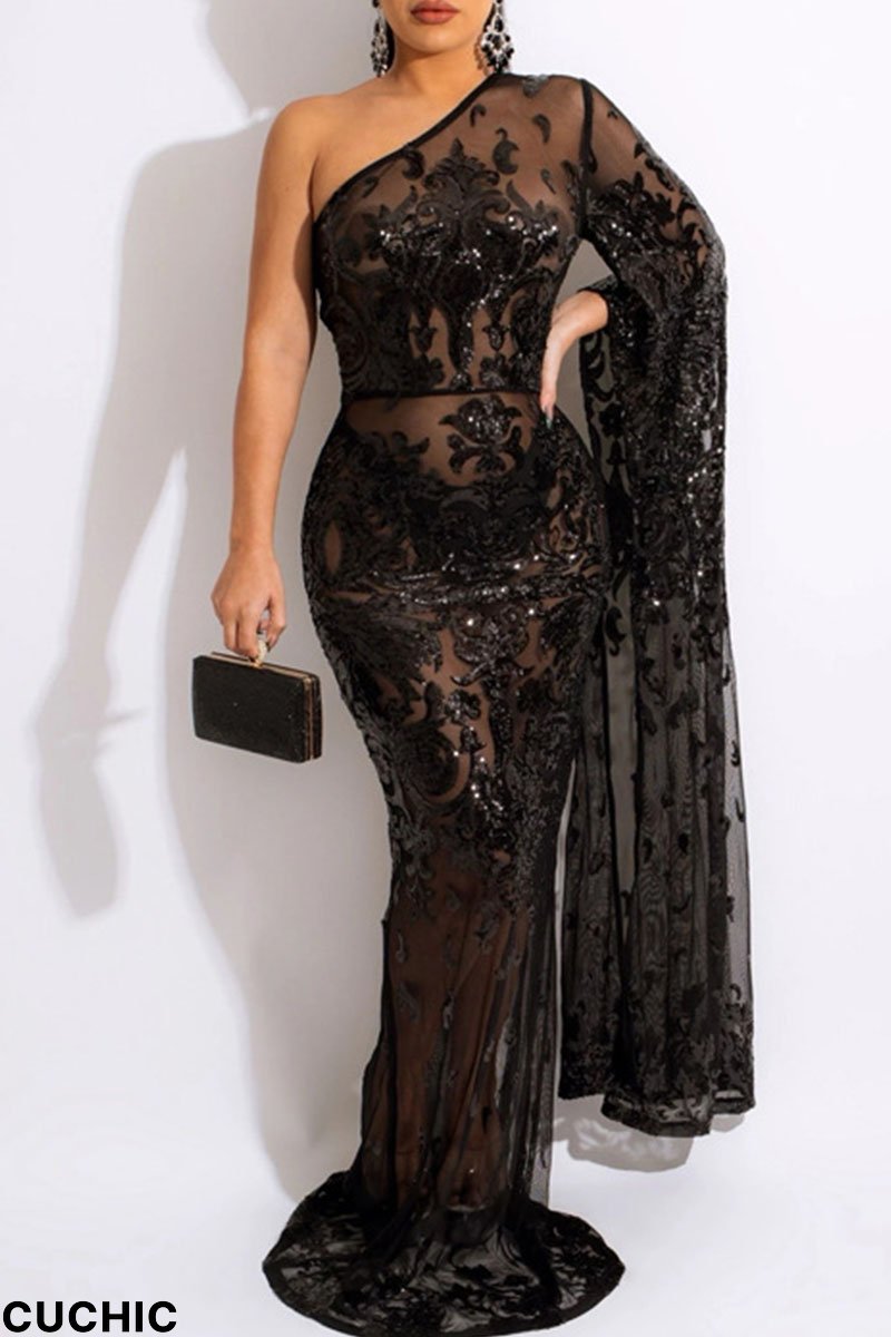 Black Sexy Embroidered Sequins Patchwork Oblique Collar Dresses-CuChic