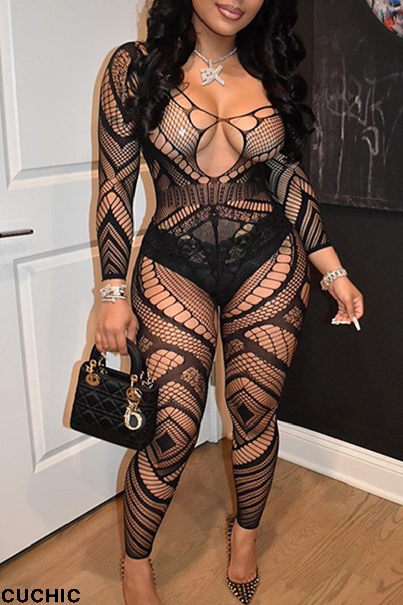 Black Sexy Patchwork Lace V Neck Skinny Jumpsuits-CuChic