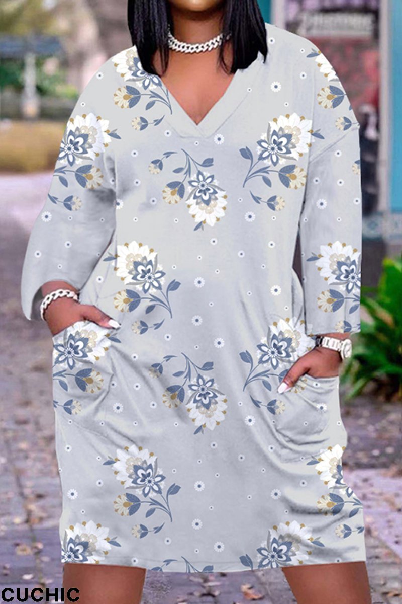 Light Blue Fashion Casual Print Patchwork V Neck Long Sleeve Dresses-CuChic