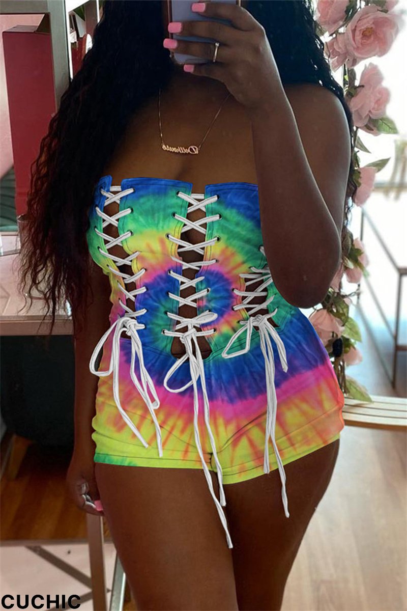 Blue Fashion Sexy Print Tie Dye Bandage Backless Strapless Skinny Romper-CuChic