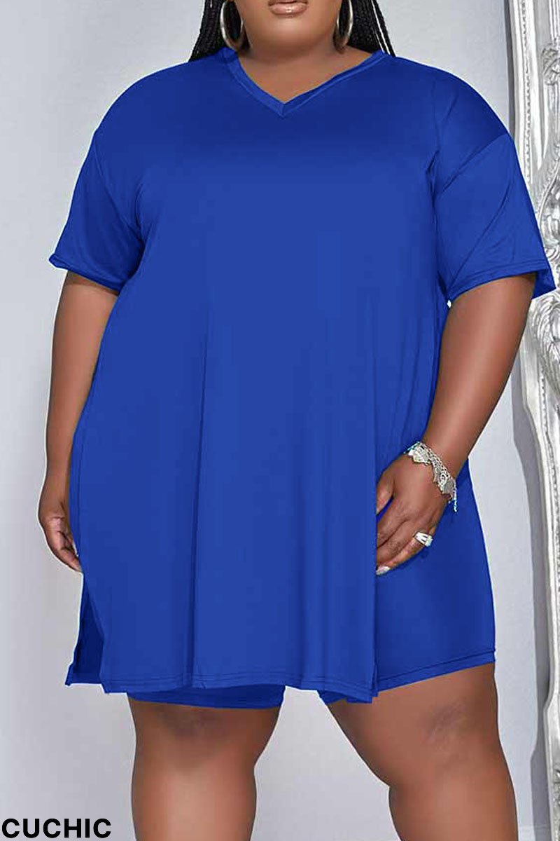 Blue Casual Solid Patchwork V Neck Plus Size Two Pieces-CuChic