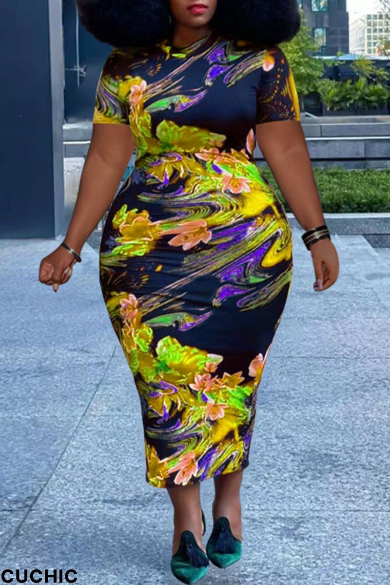 Yellow Sexy Print Patchwork O Neck One Step Skirt Plus Size Dresses-CuChic