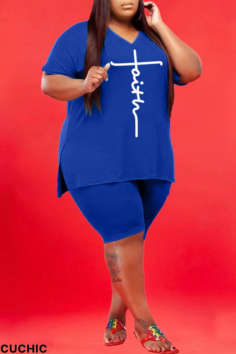 Blue Fashion Casual Print Slit V Neck Plus Size Two Pieces-CuChic