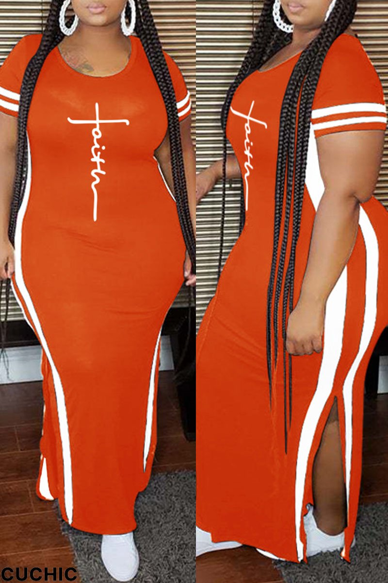 Orange Fashion Casual Plus Size Print Slit O Neck Short Sleeve Dress-CuChic