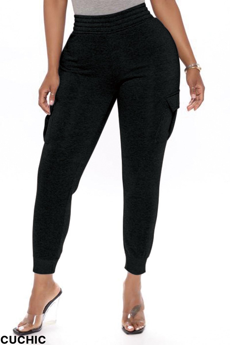 Black Casual Solid Basic Regular High Waist Pencil Trousers-CuChic