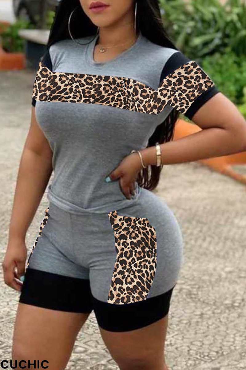 Grey Casual Leopard Split Joint O Neck Plus Size Two Pieces-CuChic