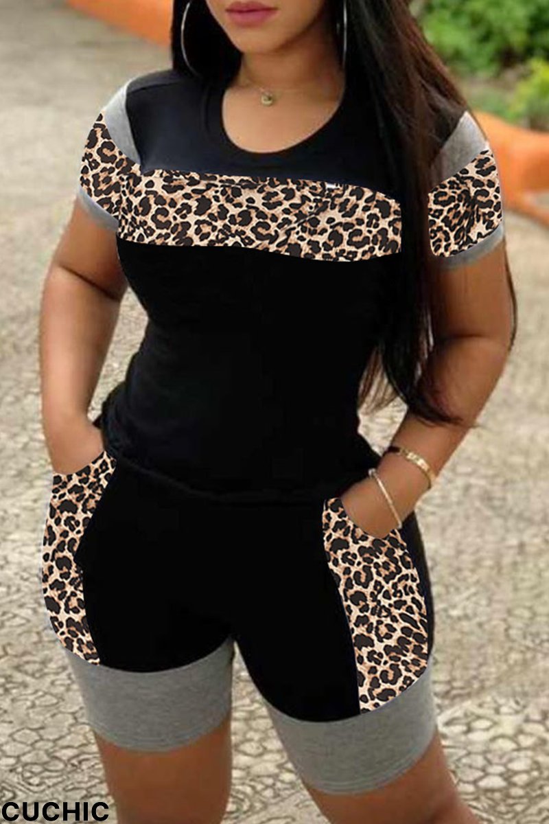 Black Casual Leopard Split Joint O Neck Plus Size Two Pieces-CuChic