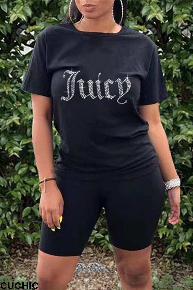 Black Fashion Casual Solid Patchwork Hot Drill O Neck Short Sleeve Two Pieces-CuChic