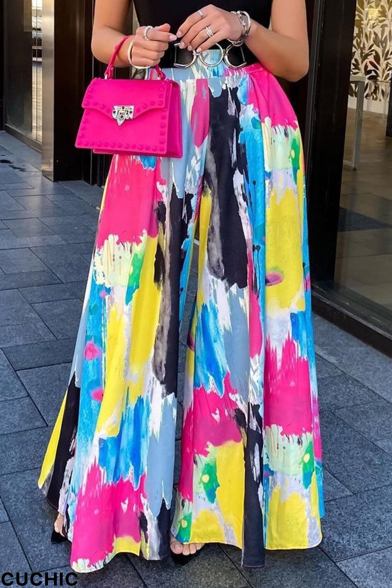 Colour Fashion Casual Print Patchwork High Waist Wide Leg Full Print Bottoms-CuChic