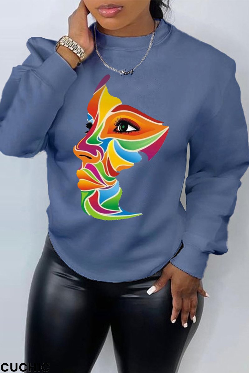 Blue Casual Street Print Patchwork O Neck Tops-CuChic