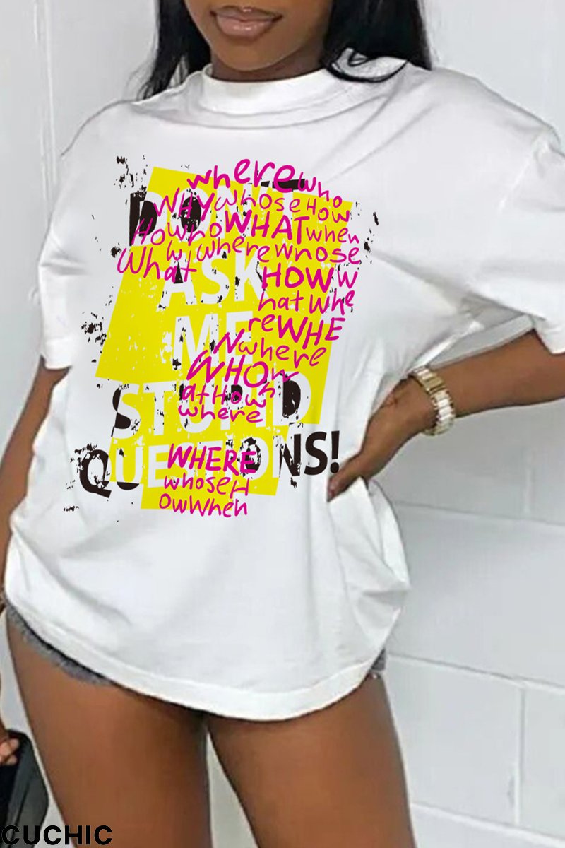 White Fashion Street Print Letter O Neck T-Shirts-CuChic