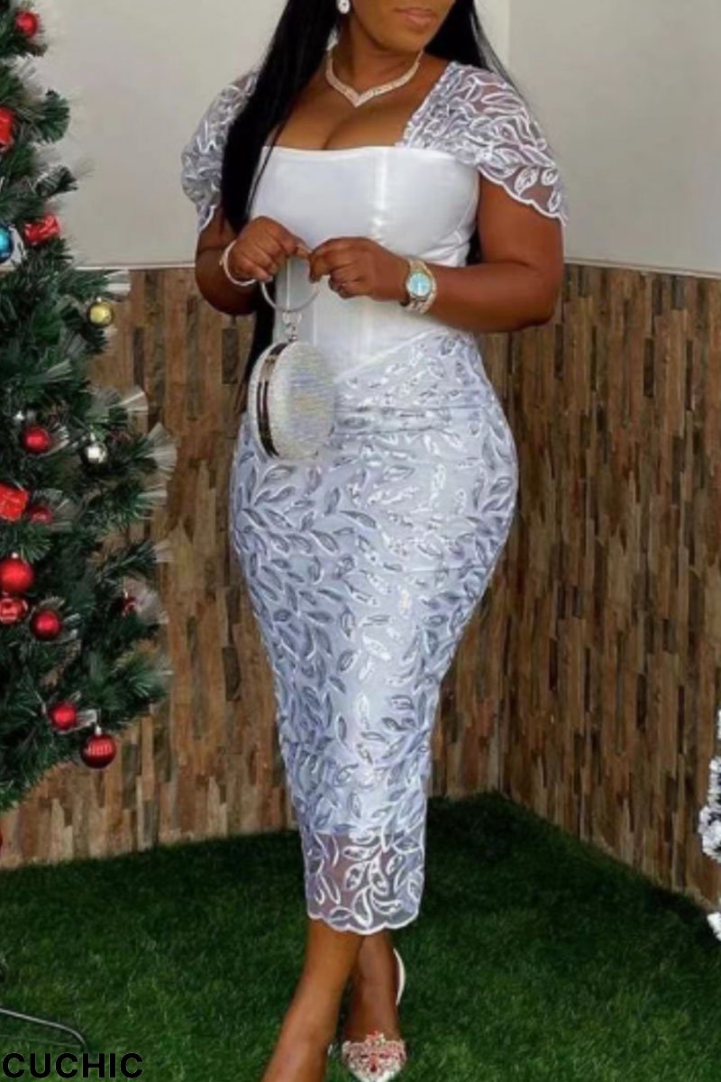 White Elegant Solid Patchwork Square Collar Evening Dress Dresses-CuChic