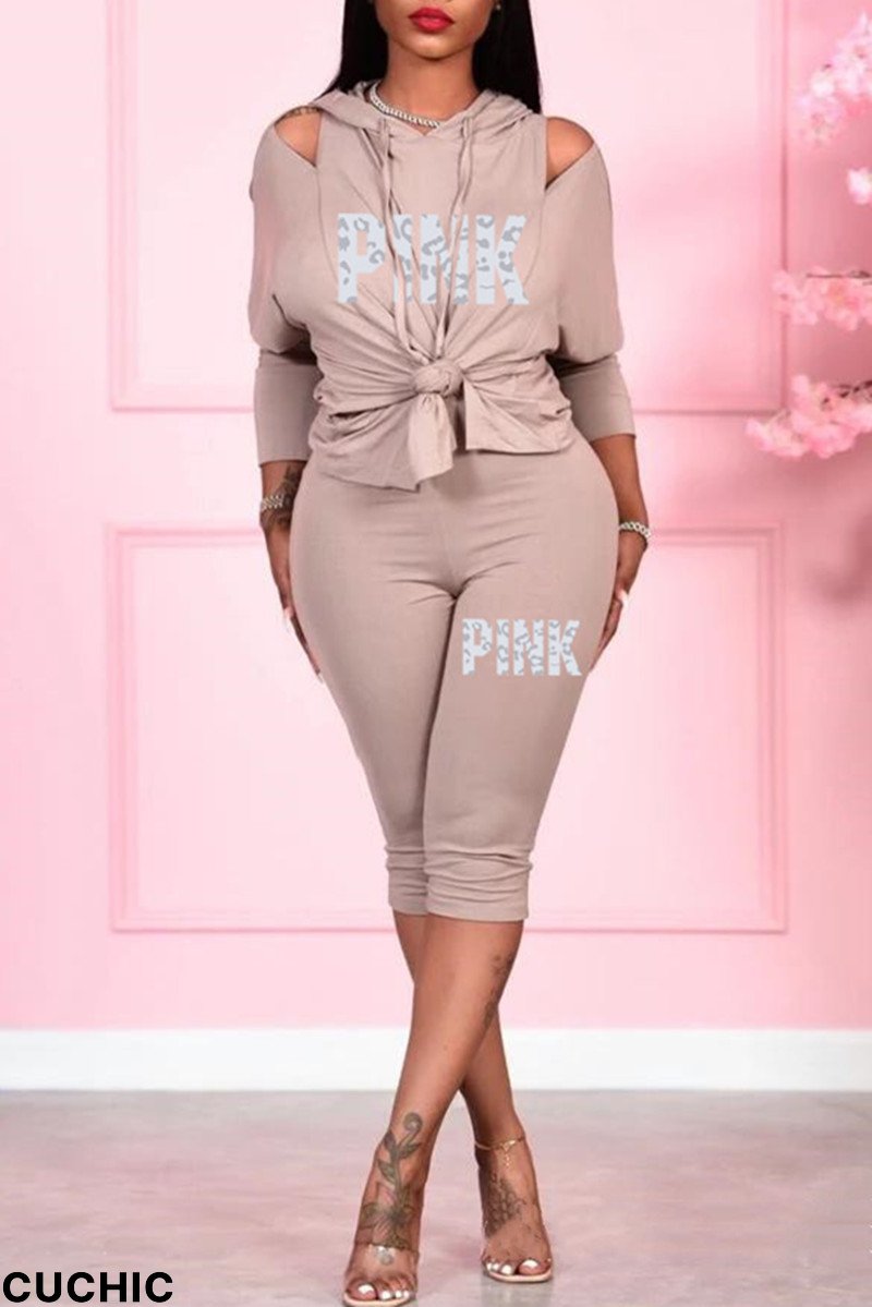 Khaki Fashion Casual Letter Print Bandage Slit Hooded Collar Long Sleeve Two Pieces-CuChic