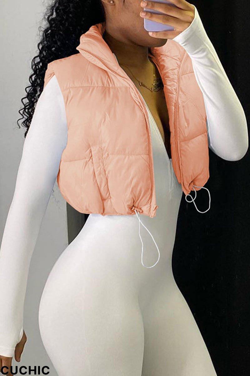 Pink Casual Solid Patchwork Zipper Turtleneck Tops-CuChic