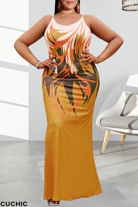 Ginger Fashion Sexy Plus Size Print Backless Spaghetti Strap Long Dress-CuChic