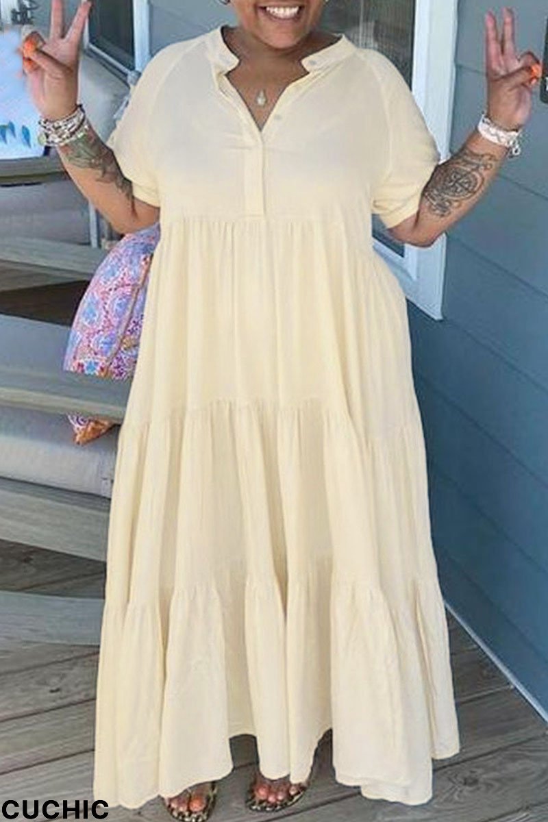 Apricot Casual Solid Patchwork Fold Turndown Collar Straight Plus Size Dresses-CuChic