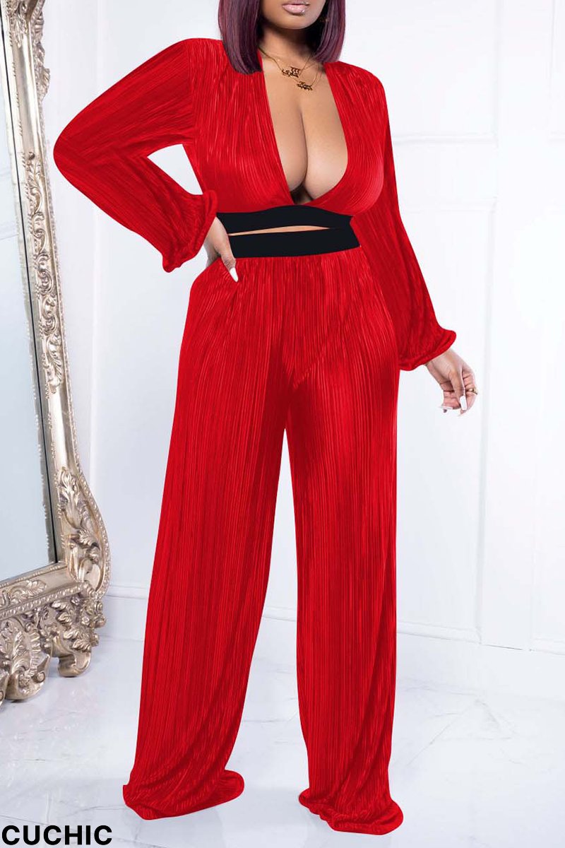 Red Casual Solid Backless V Neck Long Sleeve Two Pieces-CuChic