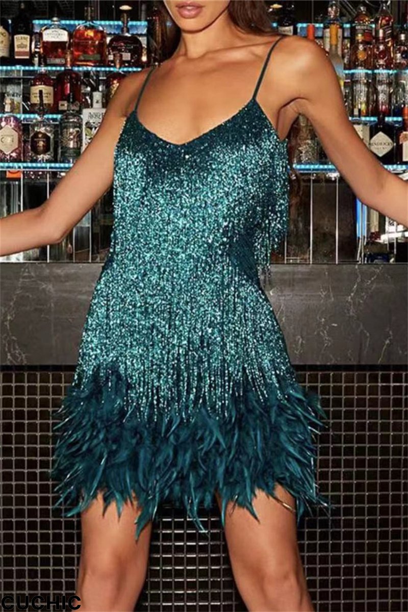 Green Fashion Sexy Patchwork Sequins Feathers V Neck Sling Dress-CuChic