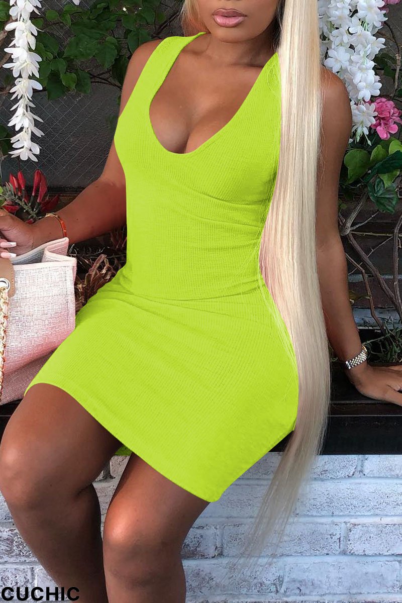 Fluorescent Green Casual Solid Patchwork V Neck Pencil Skirt Dresses-CuChic