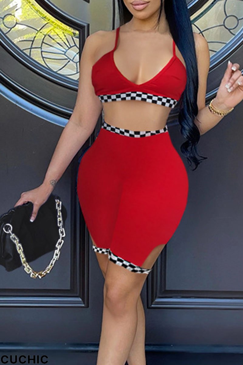 Red Sexy Plaid Print Split Joint Spaghetti Strap Sleeveless Two Pieces-CuChic