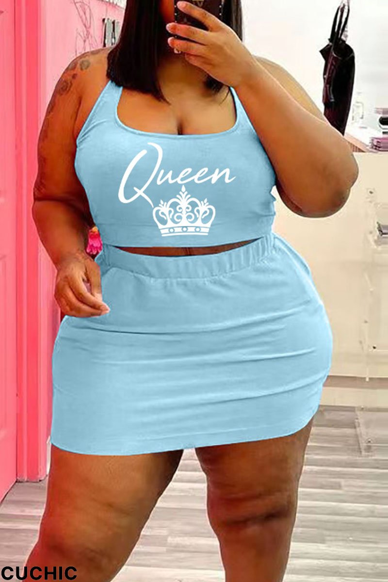 Light Blue Casual Print Split Joint U Neck Sleeveless Two Pieces-CuChic