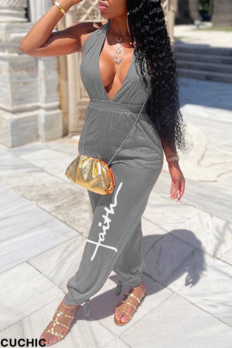 Grey Sexy Print Split Joint Halter Harlan Jumpsuits-CuChic
